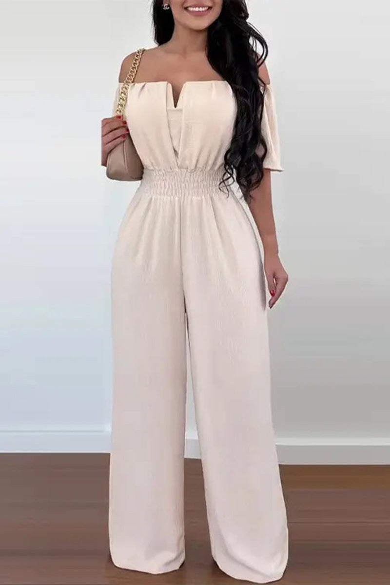 Work Celebrities Solid Off the Shoulder Regular Jumpsuits(6 Colors) Apricot