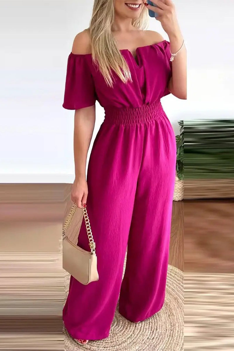 Work Celebrities Solid Off the Shoulder Regular Jumpsuits(6 Colors) Rose Red