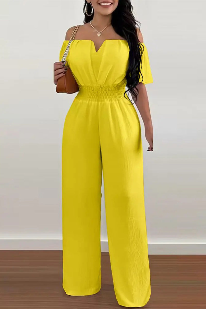 Work Celebrities Solid Off the Shoulder Regular Jumpsuits(6 Colors) Yellow