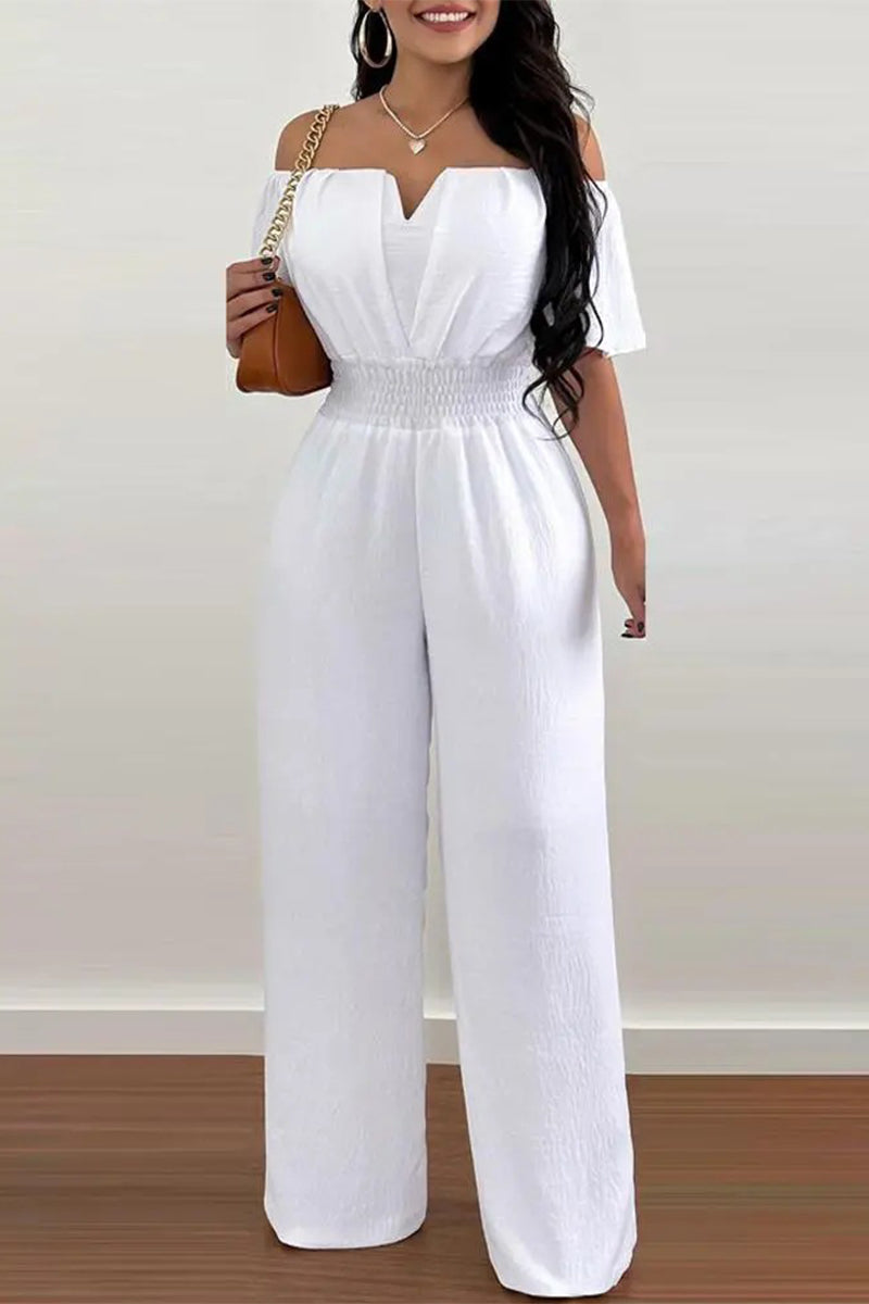 Work Celebrities Solid Off the Shoulder Regular Jumpsuits(6 Colors) White