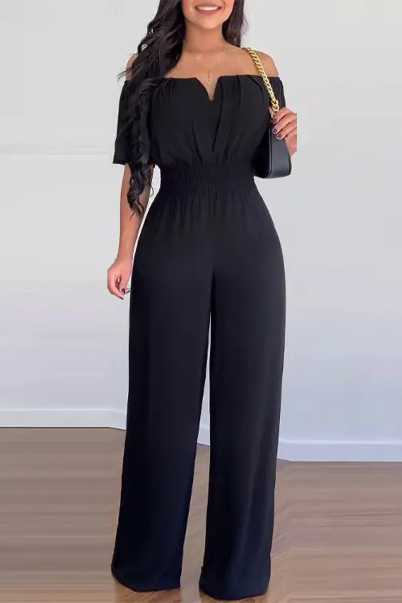 Work Celebrities Solid Off the Shoulder Regular Jumpsuits(6 Colors) Black