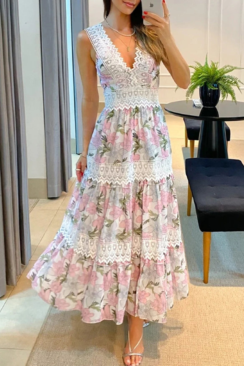 Bohemian Elegant Print Lace Patchwork V Neck Waist Skirt Dresses Pink