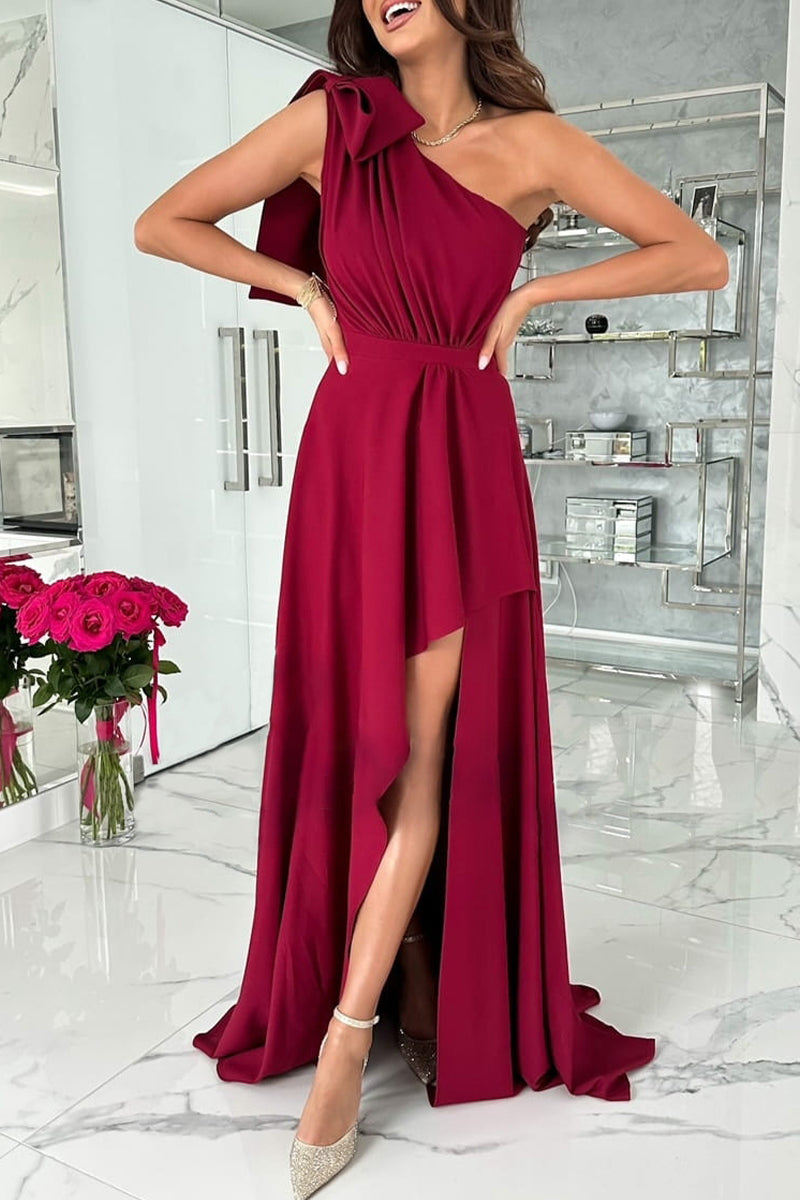 Elegant Formal Solid Backless Oblique Collar Evening Dress Dresses Burgundy