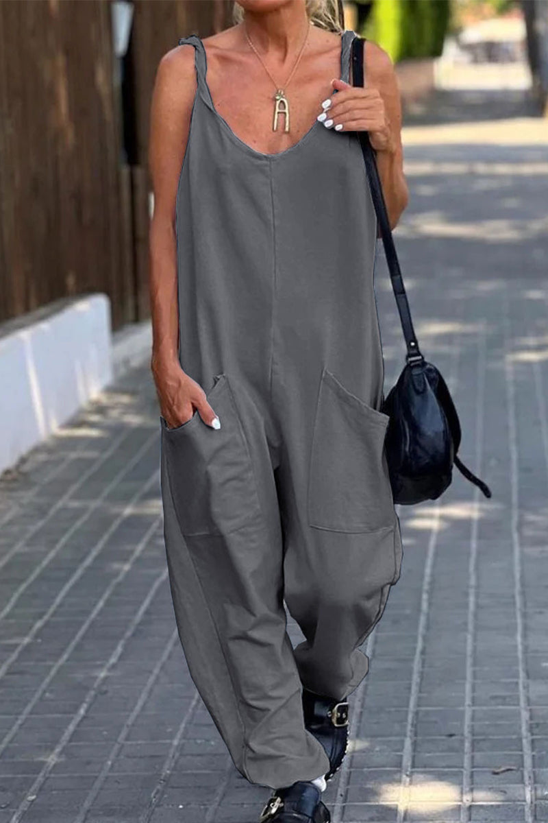 Casual Simplicity Solid Pocket U Neck Loose Jumpsuits(12 Colors) Dark Gray