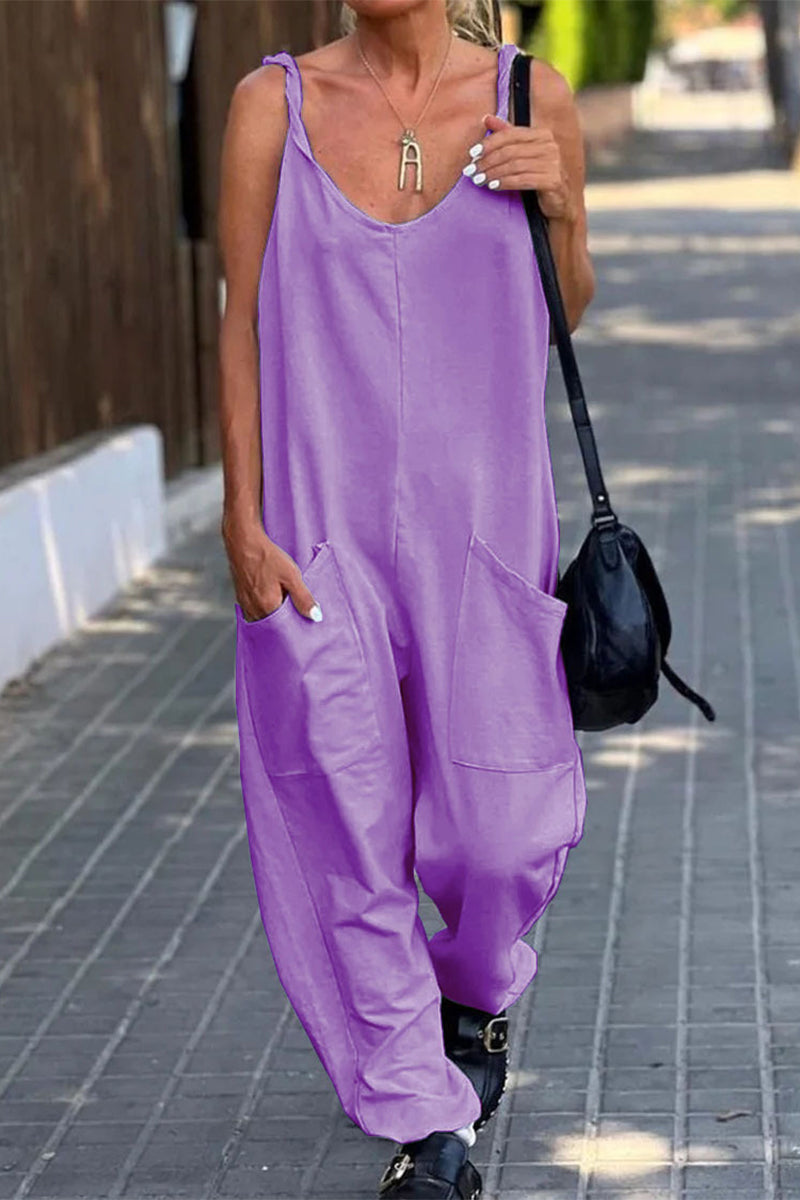 Casual Simplicity Solid Pocket U Neck Loose Jumpsuits(12 Colors) Light Purple