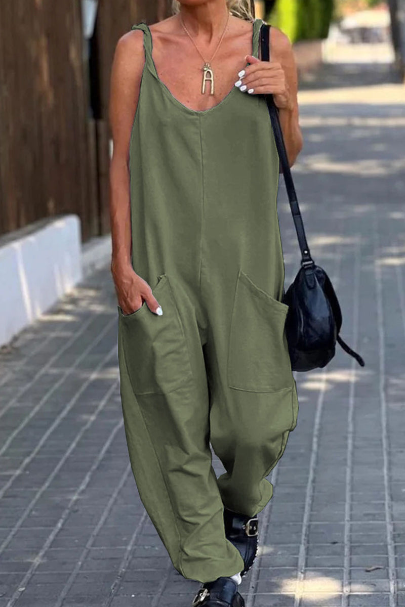 Casual Simplicity Solid Pocket U Neck Loose Jumpsuits(12 Colors) Army Green