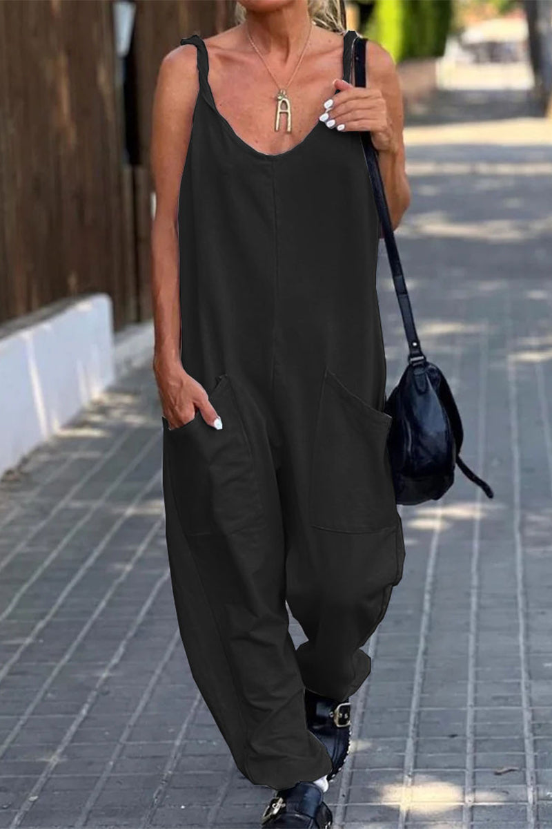 Casual Simplicity Solid Pocket U Neck Loose Jumpsuits(12 Colors) Black