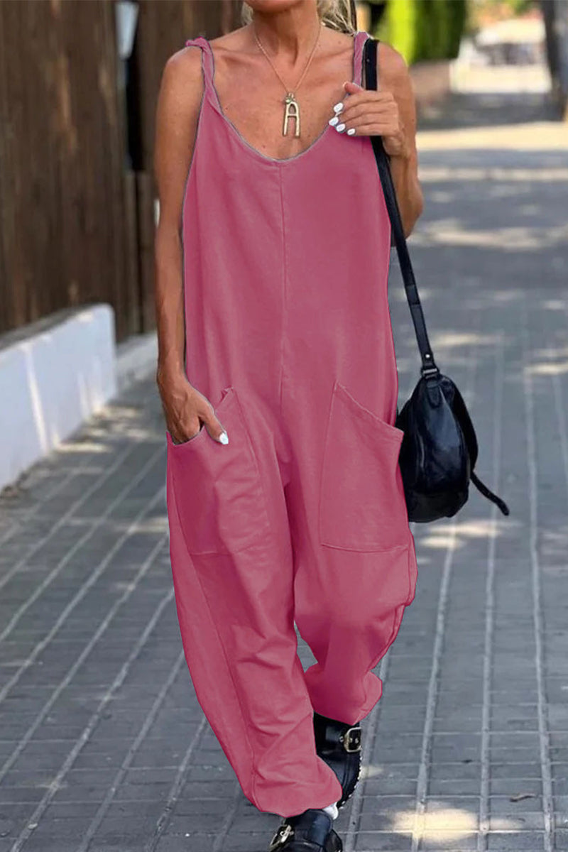 Casual Simplicity Solid Pocket U Neck Loose Jumpsuits(12 Colors) Deep Pink