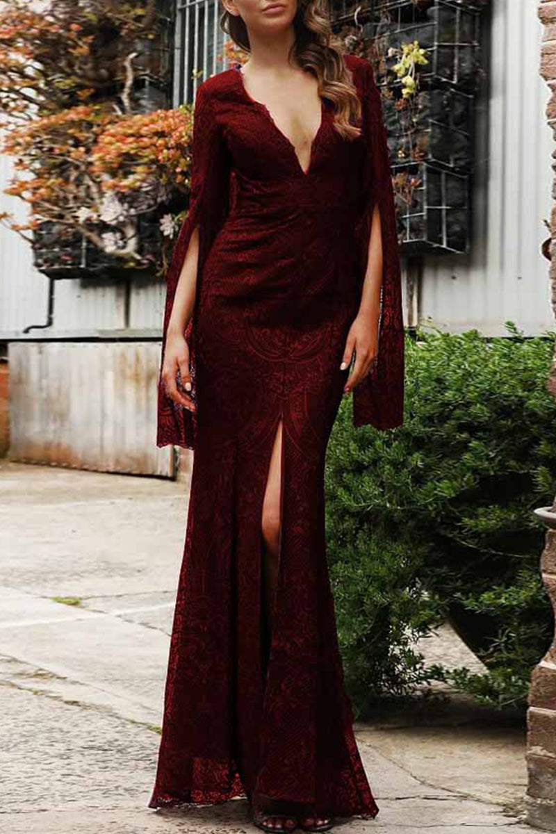 Sexy Formal Solid Lace Zipper V Neck Evening Dress Dresses Burgundy