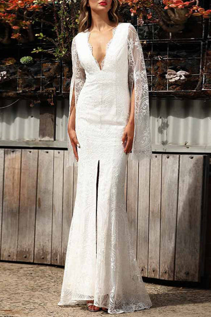 Sexy Formal Solid Lace Zipper V Neck Evening Dress Dresses White