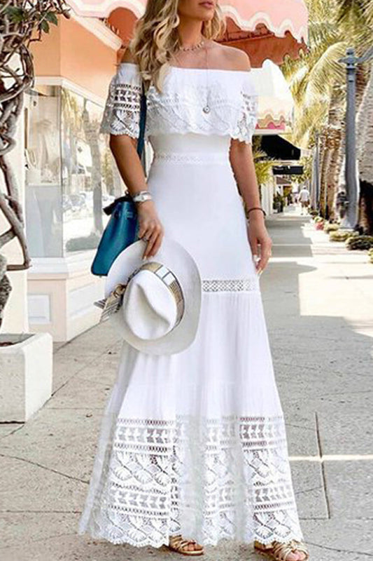 Sexy Solid Hollowed Out Off the Shoulder Lace Dress Dresses White