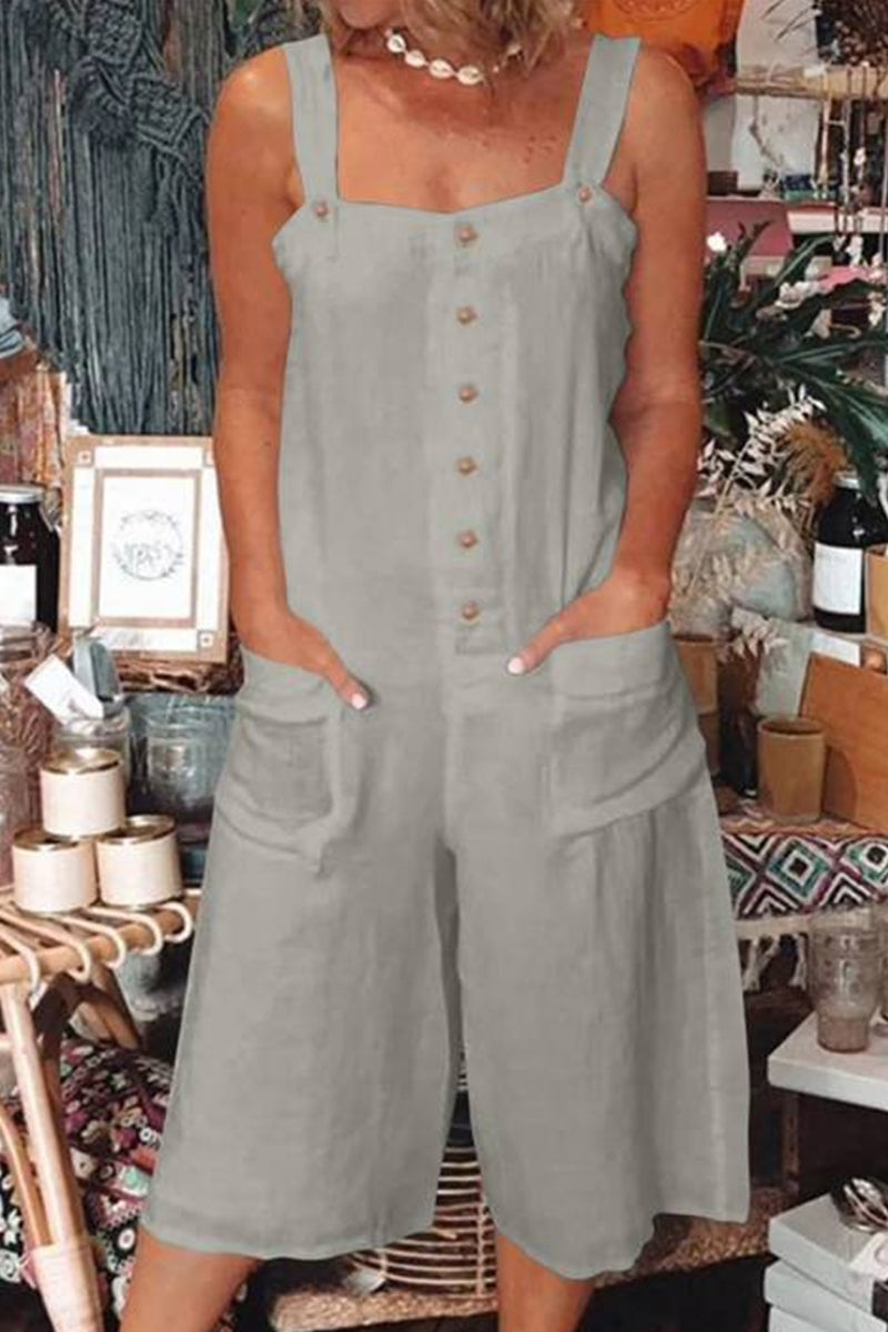 Casual Daily Solid Pocket Buttons Square Collar Loose Rompers Light Gray