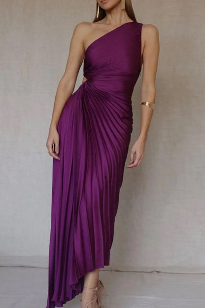 Elegant Solid Patchwork Fold Asymmetrical Oblique Collar Evening Dress Dresses Purple