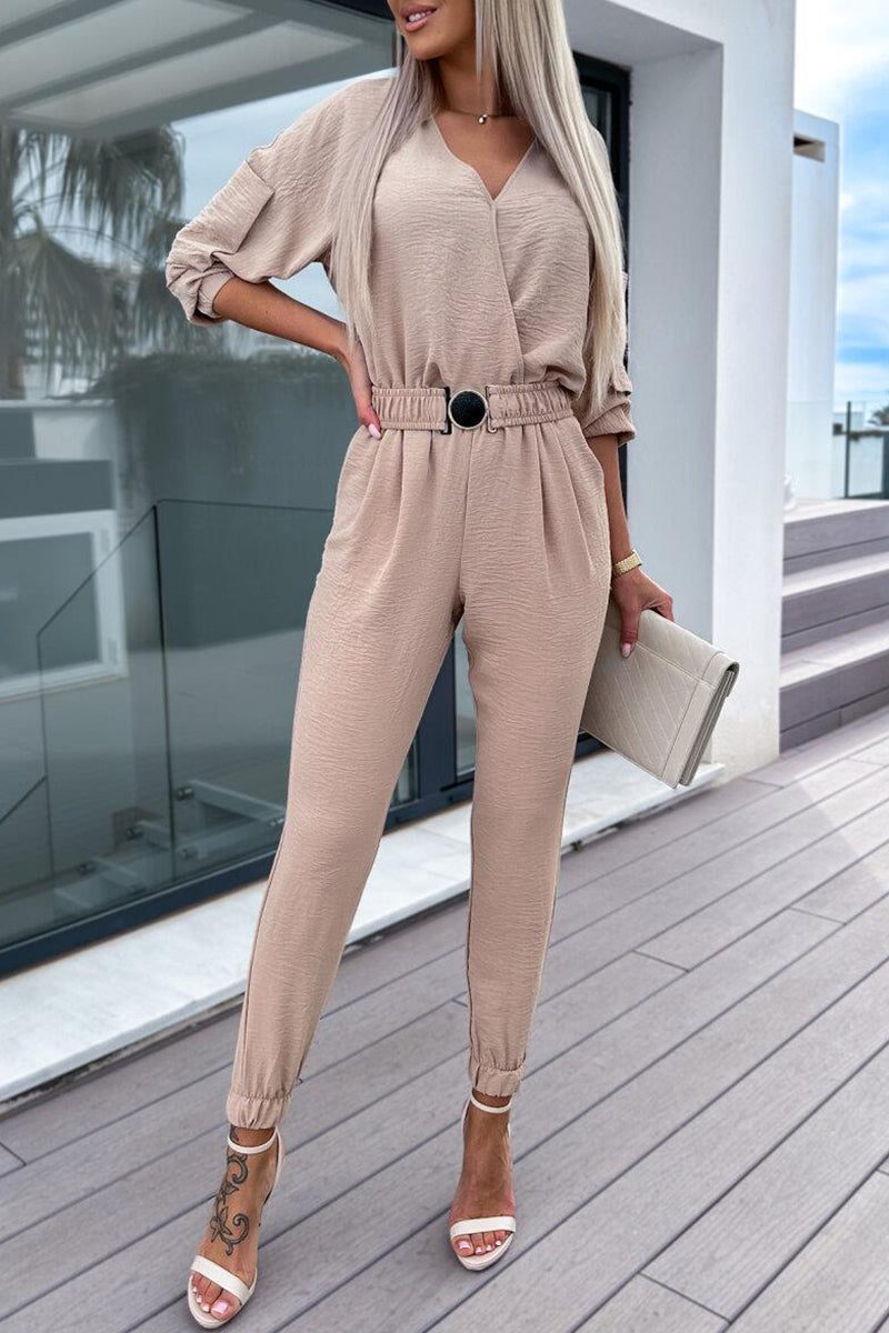 Sweet Simplicity Solid Pocket With Belt V Neck Regular Jumpsuits Brown