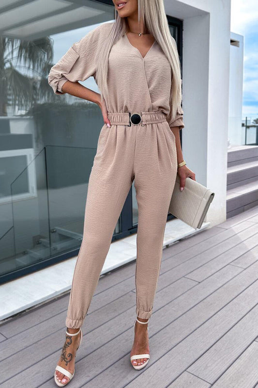 Sweet Simplicity Solid Pocket With Belt V Neck Regular Jumpsuits Brown