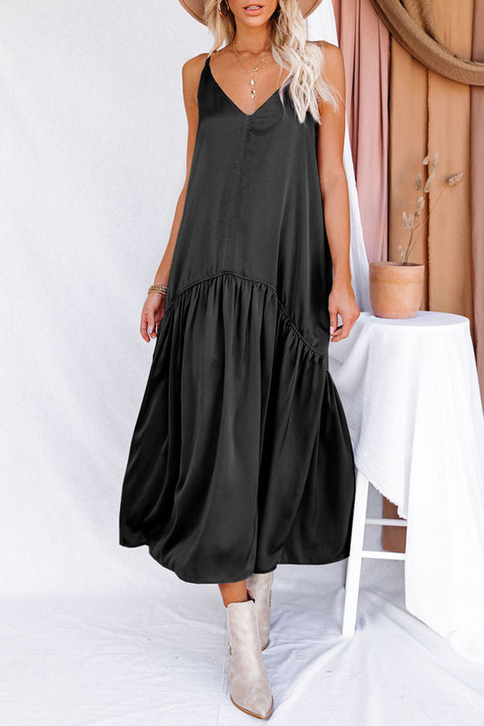 Casual Simplicity Solid Solid Color V Neck Pleated Dresses Black