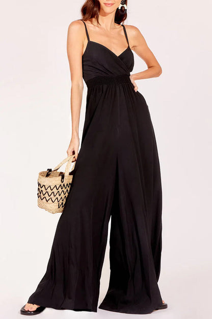 Casual Simplicity Solid Backless V Neck Loose Jumpsuits Black