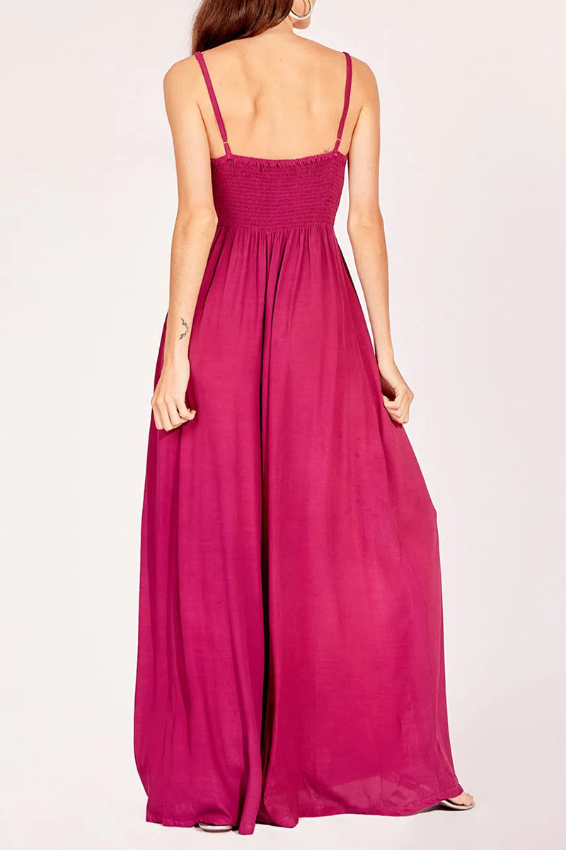 Casual Simplicity Solid Backless V Neck Loose Jumpsuits