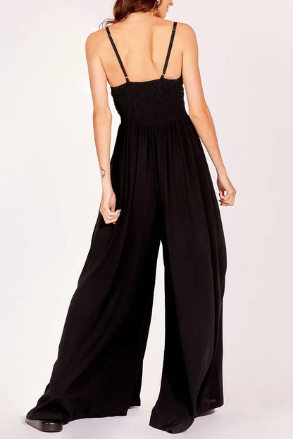 Casual Simplicity Solid Backless V Neck Loose Jumpsuits