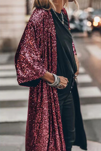 Casual Street Solid Sequins Sequined U Neck Outerwear Burgundy