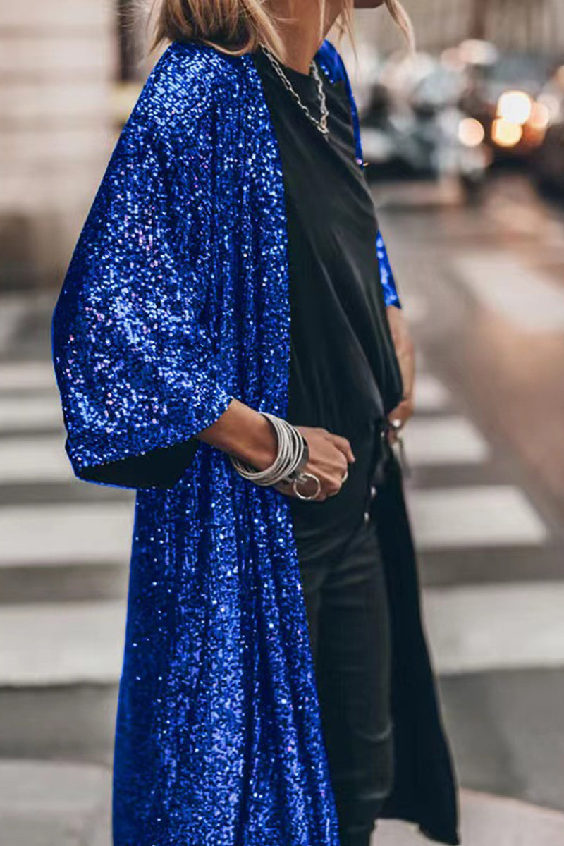 Casual Street Solid Sequins Sequined U Neck Outerwear Blue