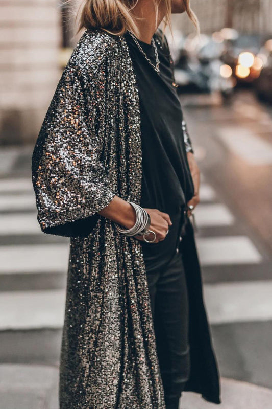 Casual Street Solid Sequins Sequined U Neck Outerwear Black Silver