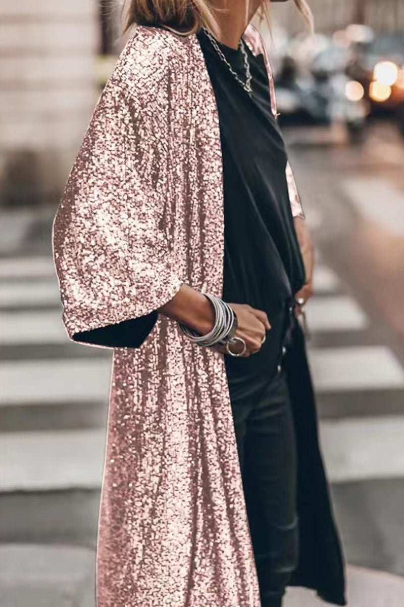 Casual Street Solid Sequins Sequined U Neck Outerwear Pink