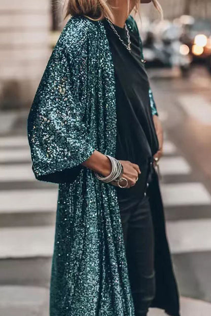 Casual Street Solid Sequins Sequined U Neck Outerwear Ink Green