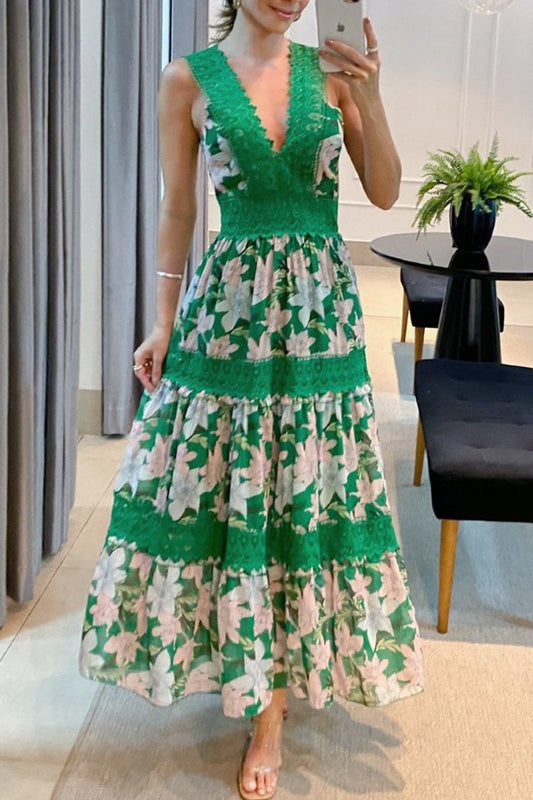 Bohemian Elegant Print Lace Patchwork V Neck Waist Skirt Dresses Green