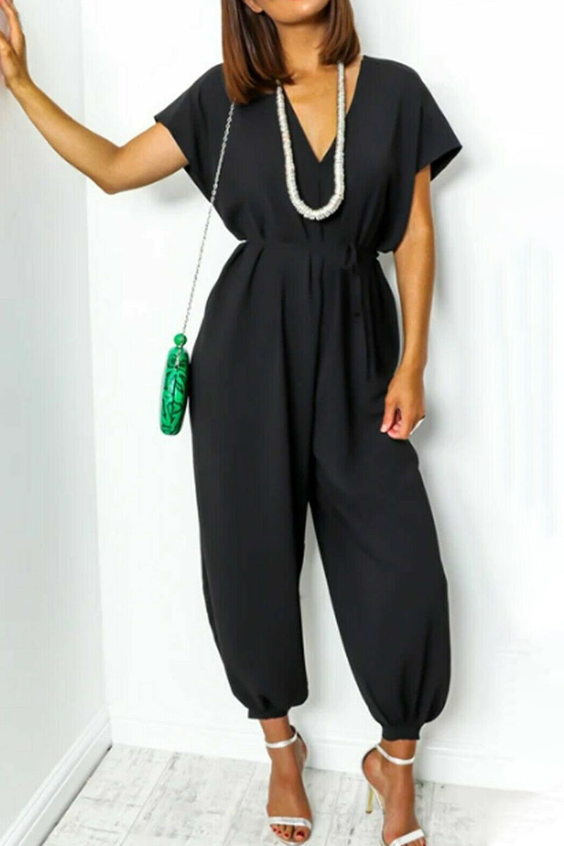 Casual Simplicity Solid Frenulum V Neck Loose Jumpsuits Black