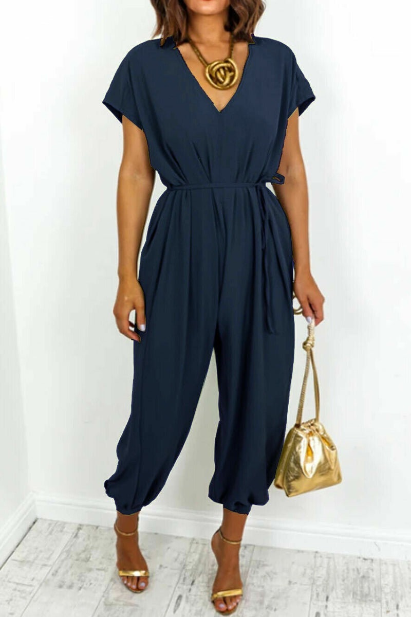 Casual Simplicity Solid Frenulum V Neck Loose Jumpsuits Tibetan Blue