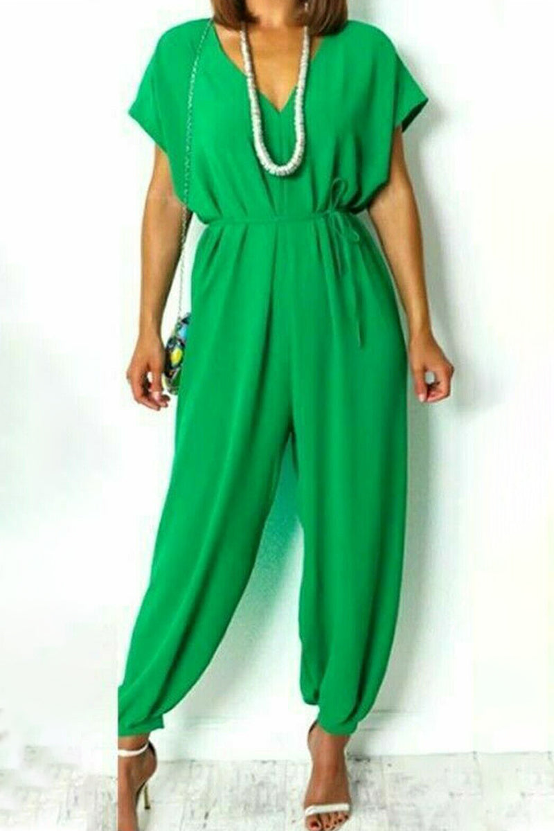 Casual Simplicity Solid Frenulum V Neck Loose Jumpsuits Green