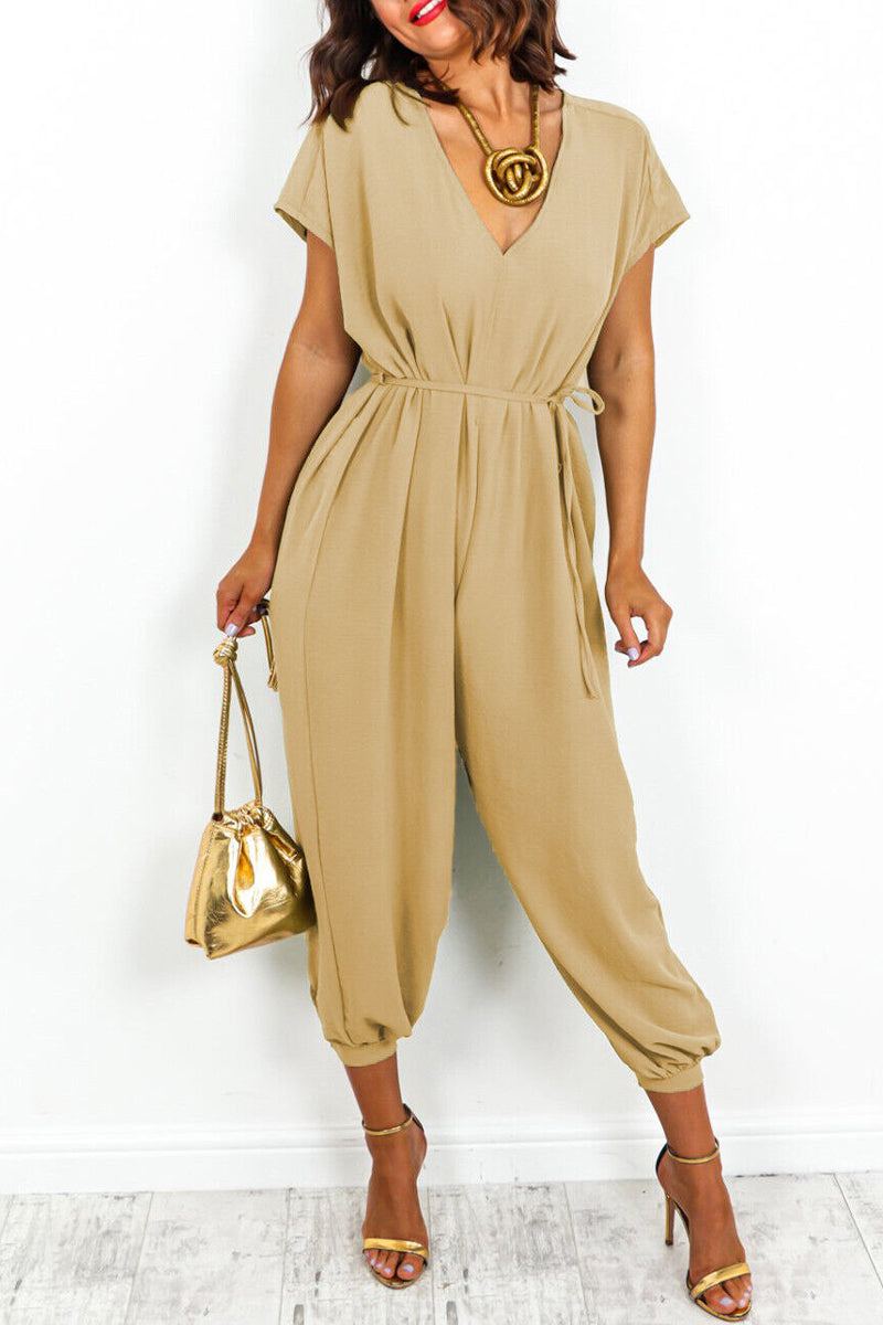 Casual Simplicity Solid Frenulum V Neck Loose Jumpsuits Khaki