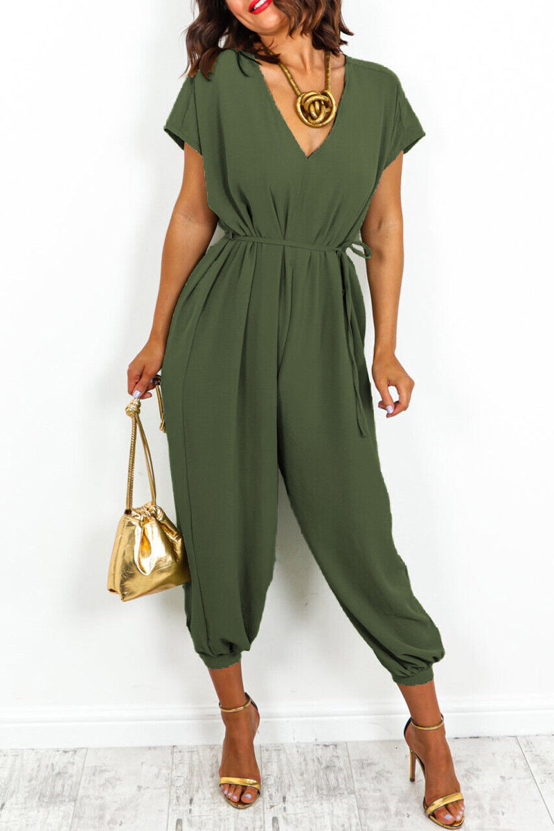 Casual Simplicity Solid Frenulum V Neck Loose Jumpsuits Army Green