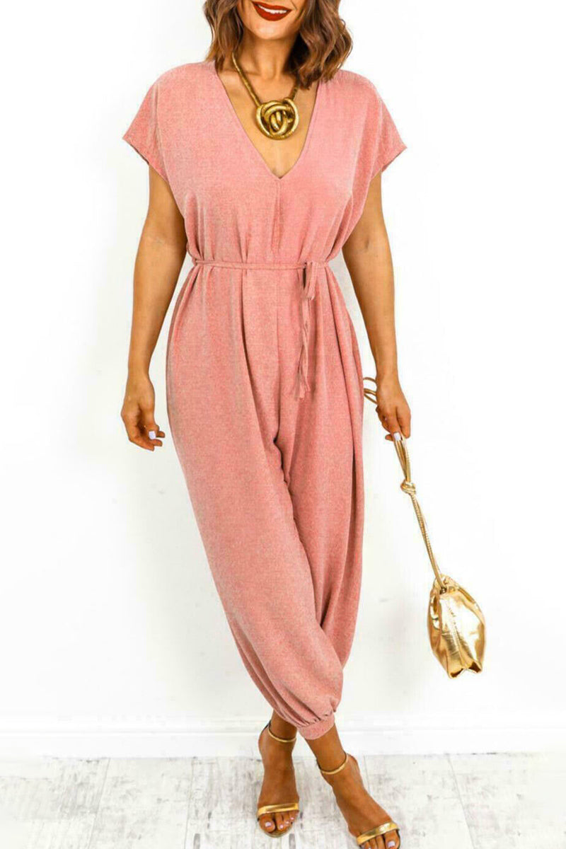 Casual Simplicity Solid Frenulum V Neck Loose Jumpsuits Pink