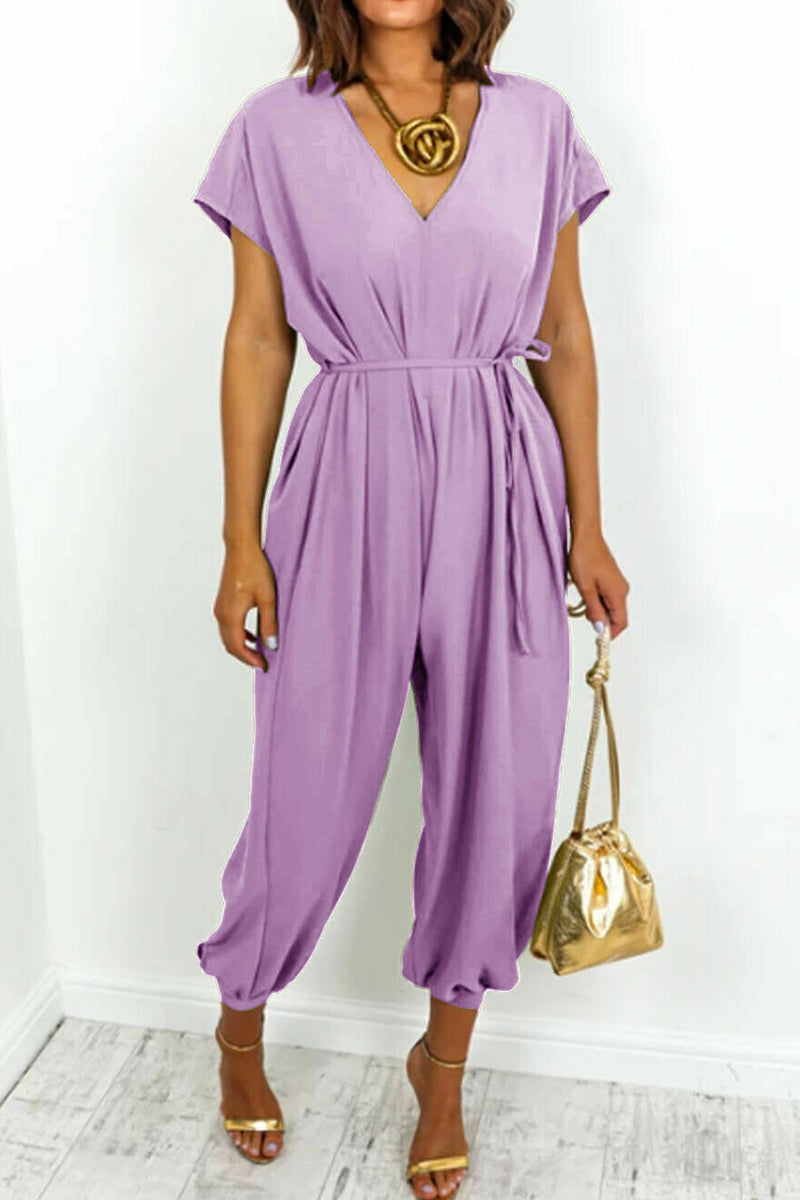 Casual Simplicity Solid Frenulum V Neck Loose Jumpsuits Purple