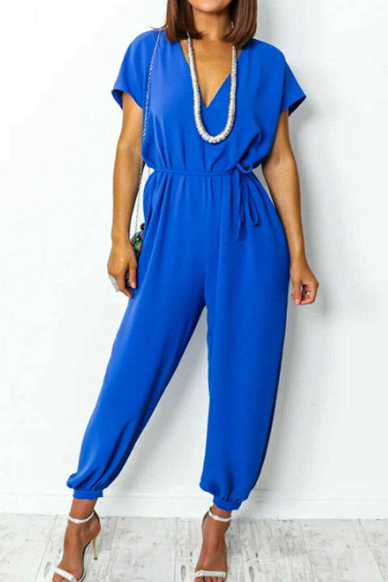 Casual Simplicity Solid Frenulum V Neck Loose Jumpsuits Deep Blue