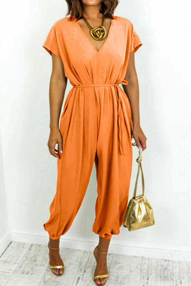 Casual Simplicity Solid Frenulum V Neck Loose Jumpsuits Orange Apricot