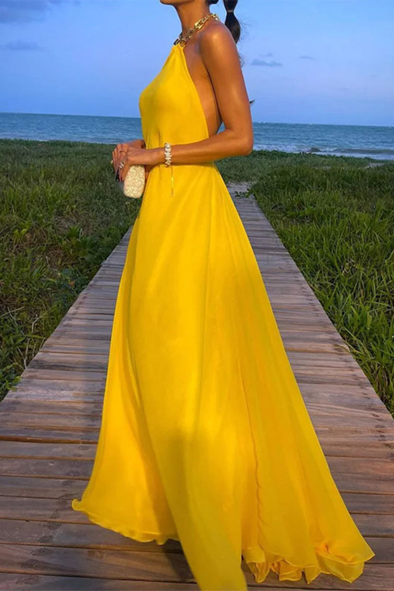 Elegant Solid Backless Halter Evening Dress Dresses Yellow