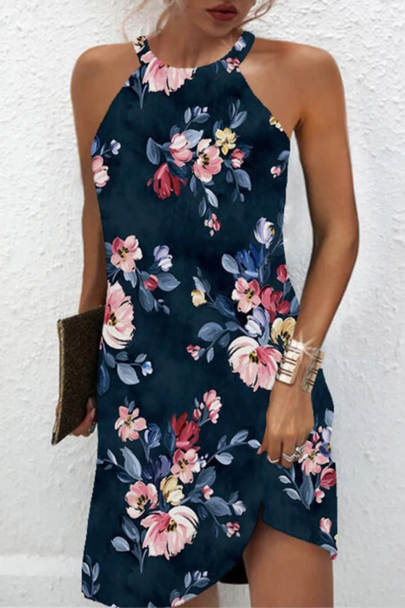 Casual Floral Patchwork Halter Printed Dress Dresses Navy