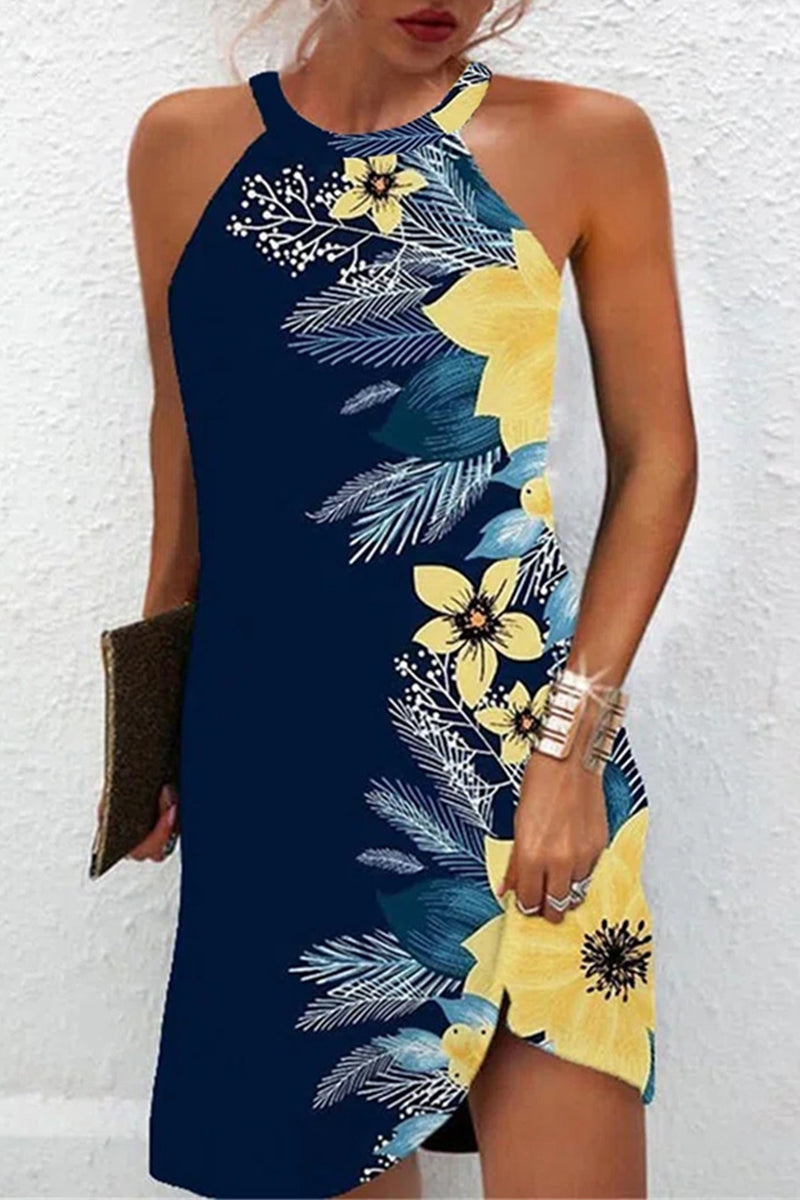 Casual Floral Patchwork Halter Printed Dress Dresses Blue Yellow