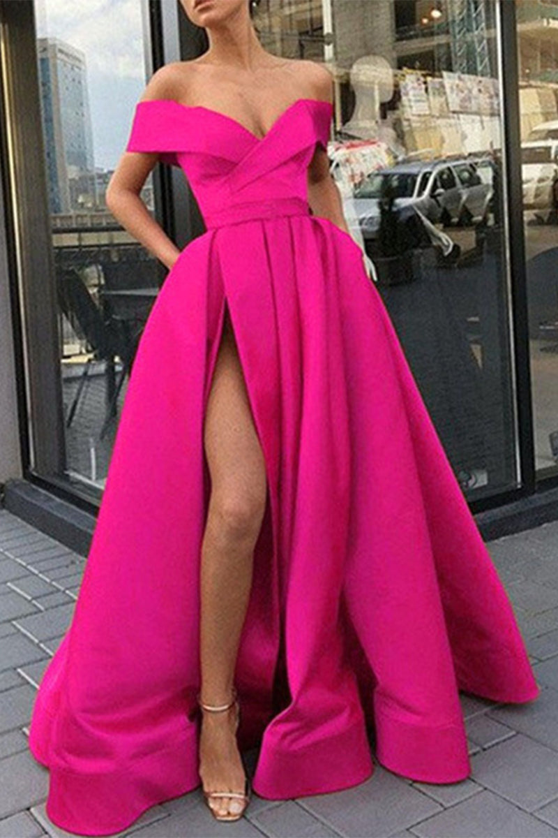 Elegant Formal Solid Slit V Neck Evening Dress Dresses(12 Colors) Rose Red