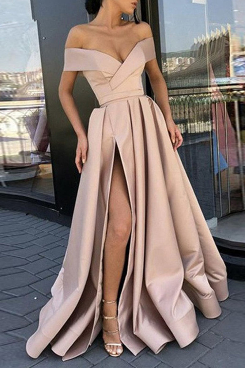 Elegant Formal Solid Slit V Neck Evening Dress Dresses(12 Colors) Apricot