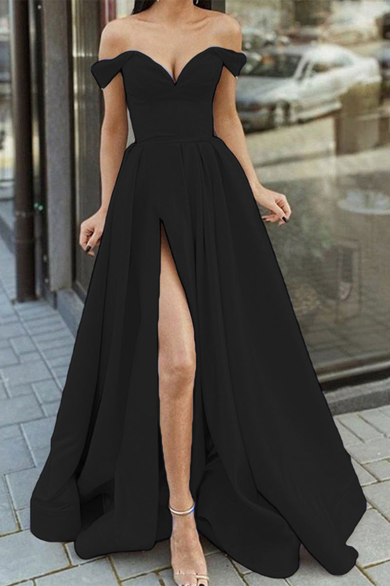 Elegant Formal Solid Slit V Neck Evening Dress Dresses(12 Colors) Black