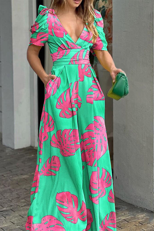 Casual Street Print V Neck Loose Jumpsuits Pink Green