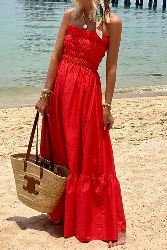 Casual Vacation Solid Solid Color Strapless Sleeveless Dress Dresses Red