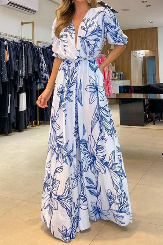 Elegant Floral Frenulum V Neck A Line Dresses Blue