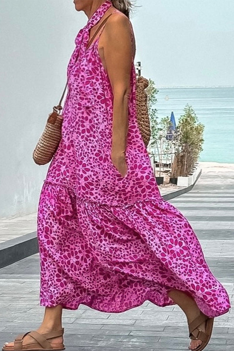 Elegant Floral Pocket Backless V Neck A Line Dresses