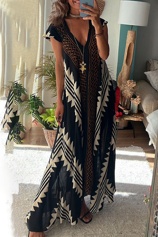 Casual College Geometric Print Fold V Neck A Line Dresses Black