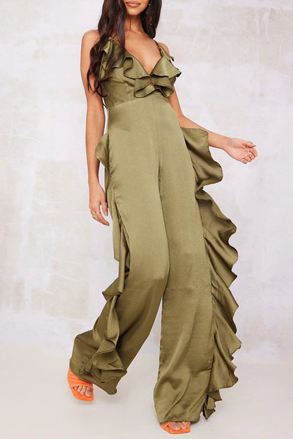 Sexy Casual Solid Backless Flounce V Neck Loose Jumpsuits Green